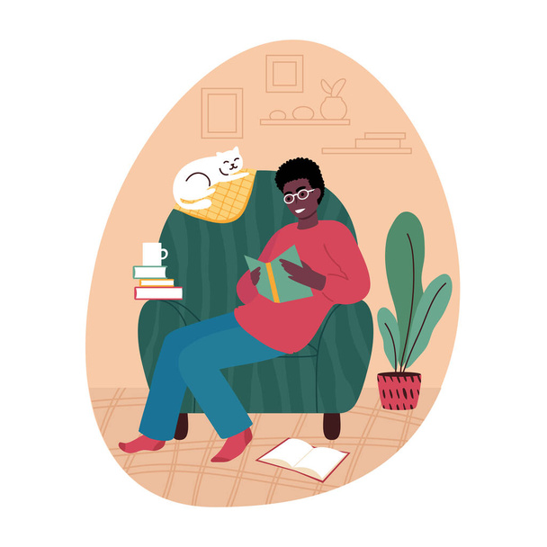 Mladý Afričan v křesle doma čte knihu. Vektorová ilustrace. - Vektor, obrázek