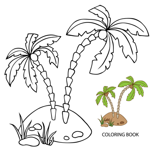 Coloring book. Palm trees on the island, black outline. Vector illustration. - Vector, Image