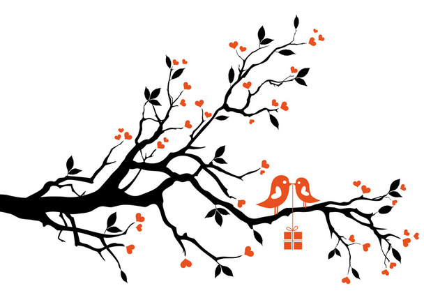 Love bird with gift box, sitting on a tree branch, vector background - Vector, Image