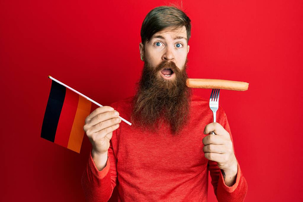 Zrzavý muž s dlouhými vousy držící vidličku s vepřovou klobásou a německou vlajkou, bezradný a zmatený výraz. pochybný koncept.  - Fotografie, Obrázek