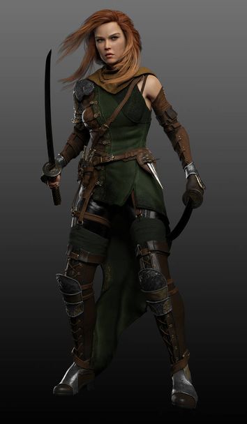 Fantasy Warrior Woman με διπλή Katana σπαθιά σε δράση Pose - Φωτογραφία, εικόνα