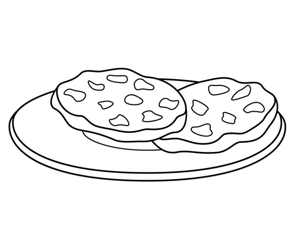 Chocolate chip cookies on a plate - vector linear illustration for coloring. Outline. Chocolate chip cookies on a saucer. Sweet pastries for dessert. - Vektori, kuva