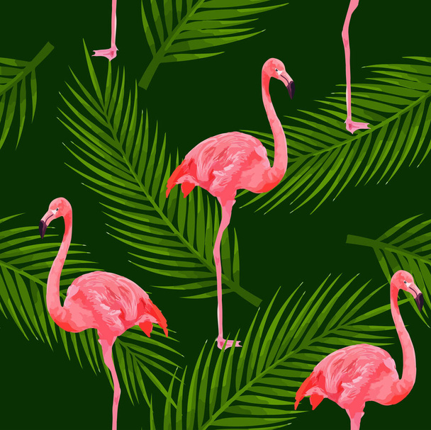 Pembe flamingoları ve yeşil arka planda palmiye yaprakları olan tropik, modern, pürüzsüz bir desen. Egzotik Hawaii sanat geçmişi. Web sayfası arkaplanı, kumaş, duvar kağıdı, tekstil ve dekor için tasarım. - Vektör, Görsel