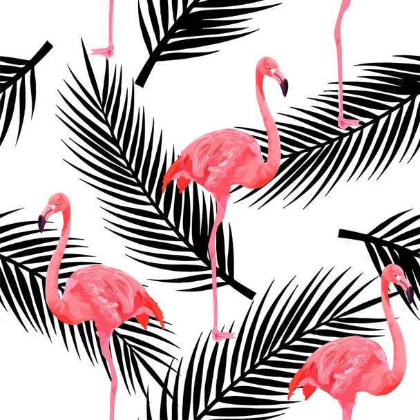 Pembe flamingoları ve beyaz arka planda palmiye yaprakları olan tropik, modern, pürüzsüz bir desen. Egzotik Hawaii sanat geçmişi. Web sayfası arkaplanı, kumaş, duvar kağıdı, tekstil ve dekor için tasarım. - Vektör, Görsel