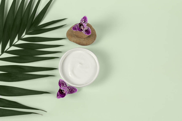 Ticari kozmetik ürünleri. Krema, taş ve palmiye dalı - Fotoğraf, Görsel
