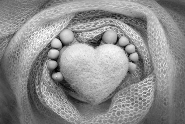 Los pies de un recién nacido con un corazón de madera, envuelto en una manta suave. Negro-blanco. - Foto, imagen