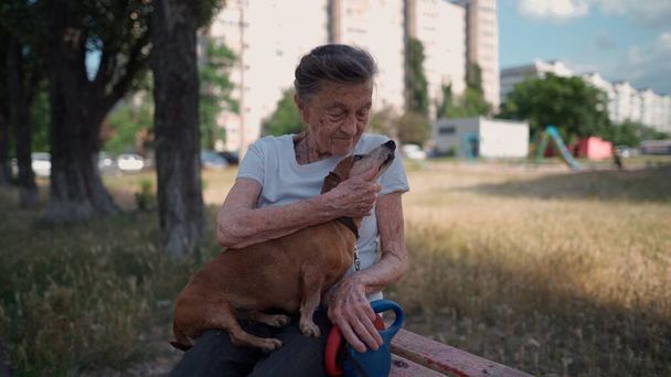Happy senior mujer sostiene un pequeño perro salchicha en sus brazos, sonríe abrazos, presiona y muestra el amor a su mascota en un banco en el parque. Mujer de 90 años pasa tiempo con su mejor amiga mascota en la calle. - Foto, imagen