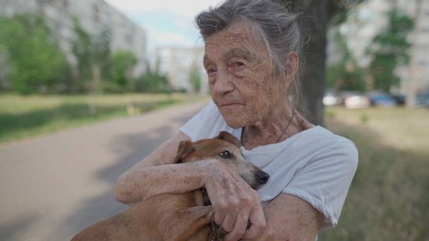 Ευτυχισμένη ηλικιωμένη γυναίκα κρατά ένα μικρό σκυλί dachshund στην αγκαλιά της, χαμογελά αγκαλιές, πιέζει και δείχνει αγάπη στο κατοικίδιο ζώο της σε ένα παγκάκι στο πάρκο. Γυναίκα 90 ετών περνά χρόνο με τον καλύτερο φίλο κατοικίδιο ζώο της στο δρόμο. - Φωτογραφία, εικόνα