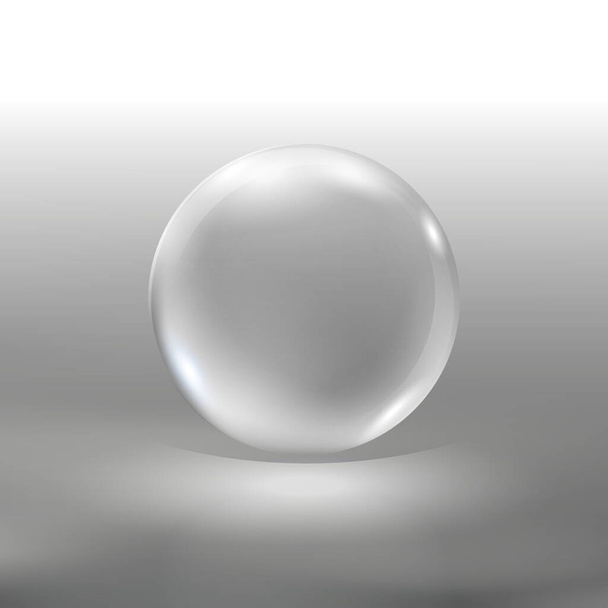 Sfera di vetro realistica, illustrazione vettoriale EPS10. Grande palla 3d lucida trasparente con riflessi e ombra isolati su sfondo grigio astratto. Bello globo con luci - Vettoriali, immagini