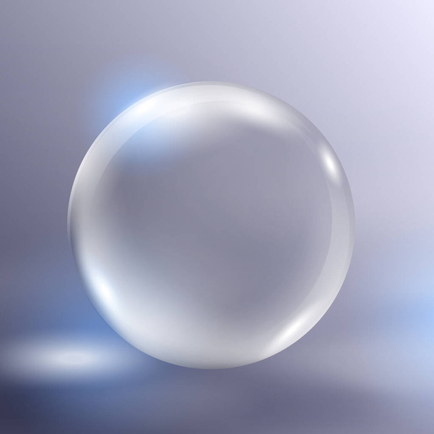 Реалистичная стеклянная сфера, векторная иллюстрация EPS10. Большой прозрачный глянцевый трехмерный шар с голубыми блестками и тенью, выделенный на сером абстрактном фоне. Самый яркий глобус - Вектор,изображение