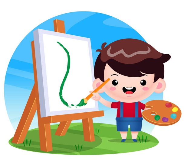 Illustration vector graphic of Happy Cute Boy Painting. Perfect for mascot, children book cover, children book illustrations, wallpaper, kid's brochure, puzzle, etc - Vector, Imagen