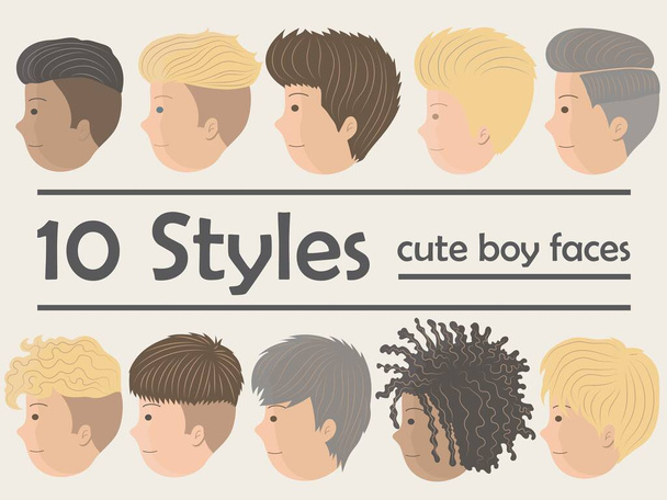 Moderne schattige stijl jongen gezichten aan de zijkant, Set van platte ontwerp karakter pictogram, gezichten van schattige jongens glimlachen - Vector, afbeelding