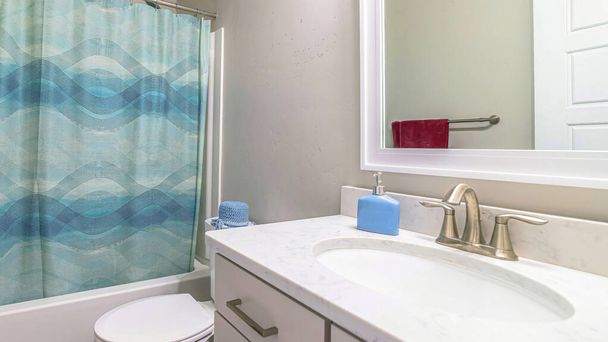 Küvetin yanında tuvalet olan ve mavi perdeli duş alan bir banyo. - Fotoğraf, Görsel