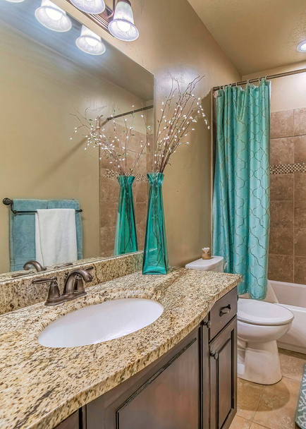 Vertical Bathroom interior with warm toned tiles rectangular bathtub toilet and vanity - Photo, Image