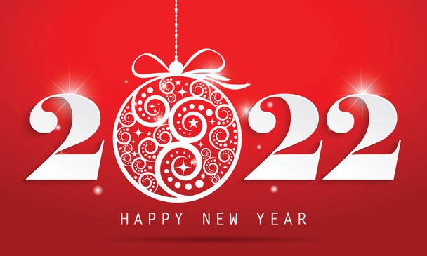Hyvää uutta vuotta 2022 kaunis chrisma pallo punaisella taustalla. Esimerkki esitteeseen, postikorttiin, kutsukorttiin. - Vektori, kuva