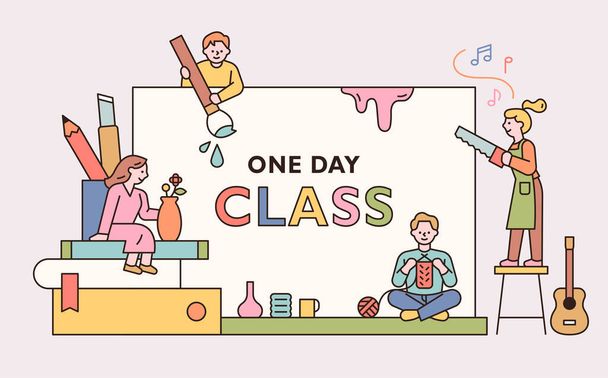 People are holding various hobby items in front of a large board. One day class poster for hobbies. outline simple vector illustration. - ベクター画像