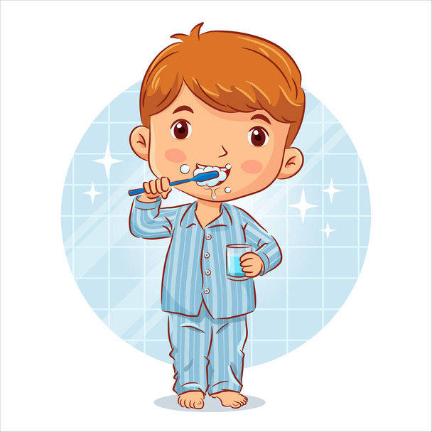 Μικρό αγόρι με πιτζάμες στέκεται βουρτσίζει τα δόντια και κρατά ένα ποτήρι νερό στο μπάνιο. Εικονογράφηση διανύσματος - Διάνυσμα, εικόνα