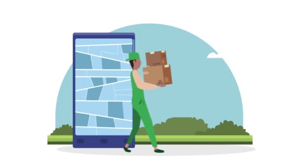logistické služby animace s pracovními zvedacími boxy a smartphonem - Záběry, video