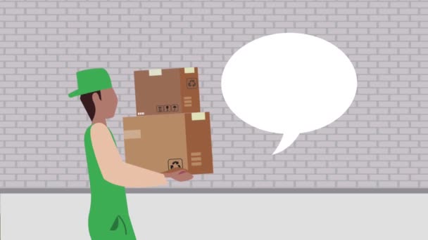 logistic service animation με εργαζόμενους που μιλούν ανυψωτικά κουτιά - Πλάνα, βίντεο