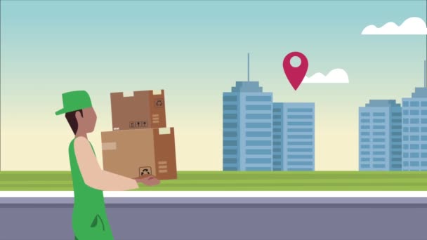 logistic υπηρεσία animation με τον εργαζόμενο μιλώντας ανυψωτικά κουτιά στην πόλη - Πλάνα, βίντεο