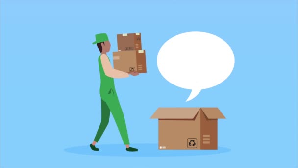 logistic υπηρεσία animation με εργαζόμενο μιλώντας κουτιά ανύψωσης χαρτοκιβώτιο - Πλάνα, βίντεο