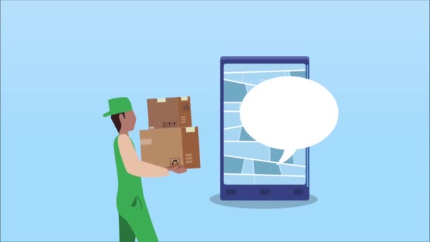 animación de servicio logístico con cajas de cartón de elevación para trabajadores y smartphone - Imágenes, Vídeo