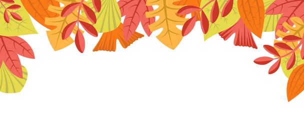 Φθινοπωρινό φόντο φύση με την έννοια μοτίβο φύλλων. Οριζόντια web banner με φθινοπωρινά φύλλα. Πτώση πολύχρωμα φυτά σύνορα απομονώνονται σε λευκό. Εικονογράφηση διάνυσμα σε επίπεδη σχεδίαση για την ιστοσελίδα - Διάνυσμα, εικόνα