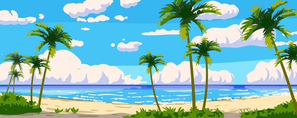 Panorama paesaggistico della località tropicale. Spiaggia sulla riva del mare, palme esotiche, costa, nuvole, cielo, vacanze estive. Illustrazione vettoriale stile cartone animato - Vettoriali, immagini