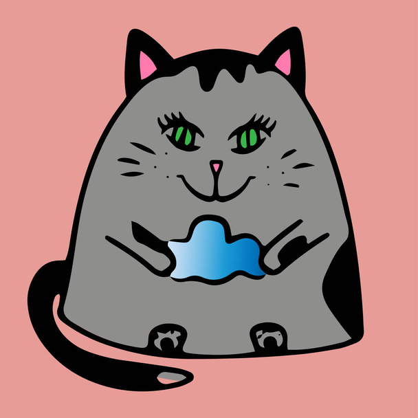 Gato sosteniendo una nube en sus patas, ojos verdes, gatito lindo gris, garabato de color, estilo escandinavo, ilustración linda, dibujo de dibujos animados, dibujado a mano, gato rojo, ilustración vectorial - Vector, imagen