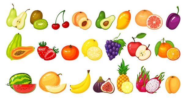 Çizgi film meyve dilimleri. Kivi, ejderha meyvesi, nar, şeftali, elma, üzüm, mango, limon, karpuz, portakal. Olgun sulu meyve vektörü - Vektör, Görsel