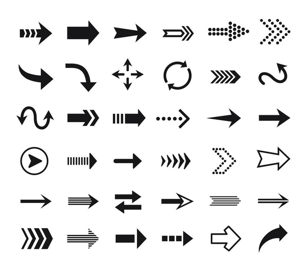 Arrow icon. Direction sign, pointer outline pictogram, refresh button, reload symbol. Arrows black silhouette icons for web design vector set - Wektor, obraz