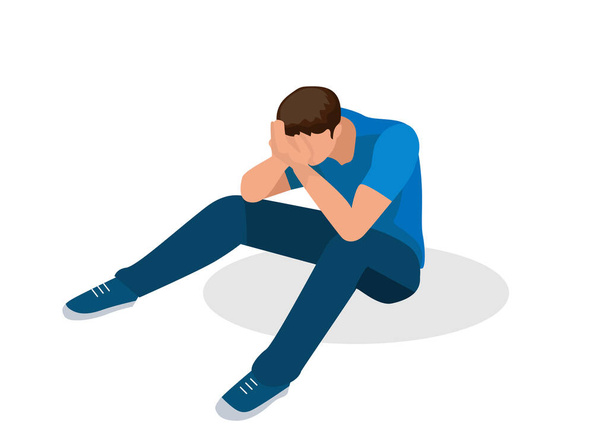 man sitting sad or crying The concept of depression or loneliness. unhappy man Victims of Hate or Bullying. Flat style cartoon illustration vector - Wektor, obraz