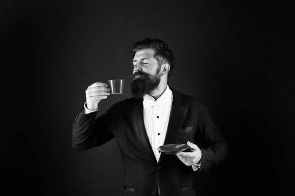Aromatic pleasure. Man bearded hipster drinking coffee. Drinking coffee. Businessman enjoy coffee break. Relax concept. Preparing caffeine beverage using coffee machine. Cafe equipment shop - Фото, зображення