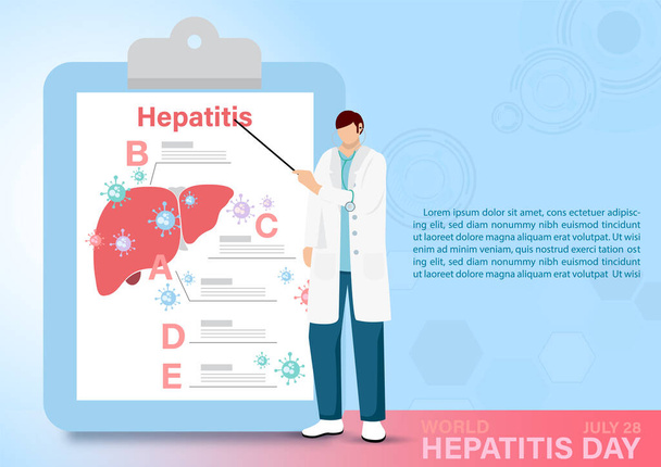 肝炎のクリップボードと抽象的なパターンと青の背景に例のテキストの巨大な情報を持つ漫画のキャラクターの医師。世界肝炎デーのポスターキャンペーンフラットスタイルで - ベクター画像