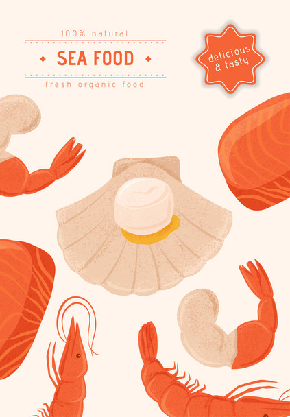 Čerstvé chutné mořské plody hřebenatky, tuňák steak a krevety vektor ručně nakreslené banner koncept s prostorem pro text. - Vektor, obrázek