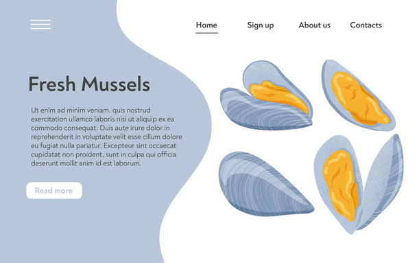 Frisch leckere Meeresfrüchte Venusmuscheln, Schalentiere in Muscheln Vektor Hand gezeichnet Landing Page Design mit Textfläche. - Vektor, Bild
