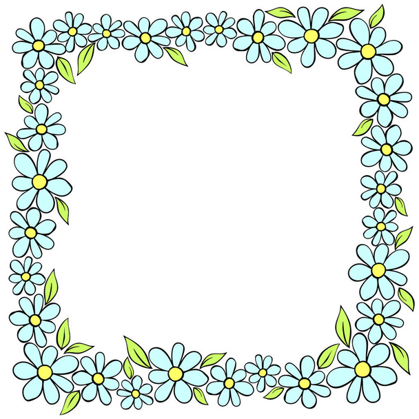 Vector hand drawn square frame, border from color small flowers in doodle style. Cute simple primitive background, decoration for invitation, greeting card, wedding. - Vektor, kép