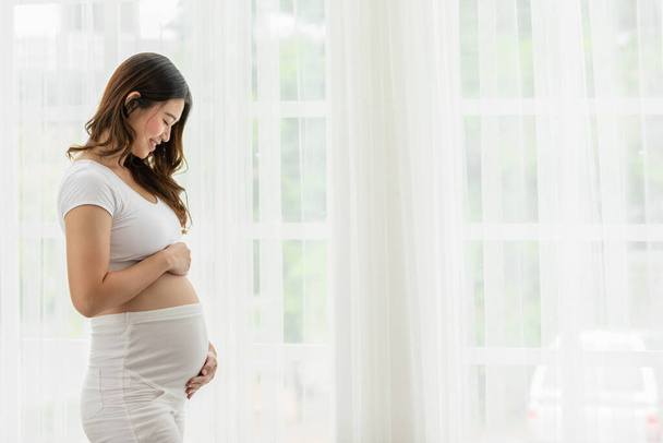 Happy Pregnant Woman standing in front of windows and stroking her big belly with love at cozy home,Pregnancy of young woman enjoy with future life relax with love,Motherhood and Pregnant Concept - Valokuva, kuva
