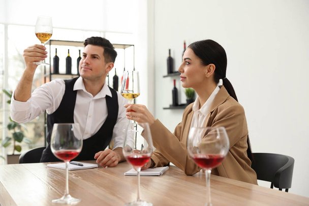Sommeliers tasting different sorts of wine at table indoors - 写真・画像