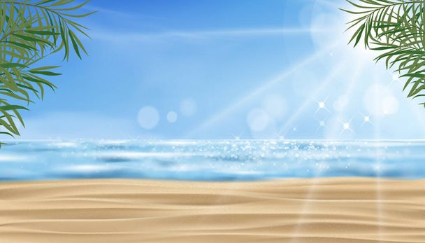 Tropik kumsal, deniz, mavi gökyüzü ve yazın parlayan güneş ışığı. Vector Sea plajı, hindistan cevizi palmiyesi yaprakları ve mavi okyanus, doğa manzarasının vektör illüstrasyon bayrağı  - Vektör, Görsel