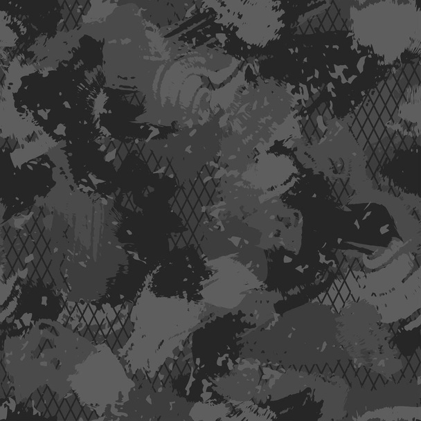 Urban dirty camouflage, modern fashion design. Camo military protective. Army uniform. Grunge pattern with grid. Black monochrome, fashionable, fabric. Vector seamless texture. - Vector, Image