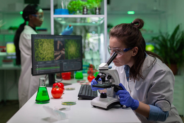 Retrato del biólogo científico en bata blanca trabajando en laboratorio de pericia - Foto, Imagen