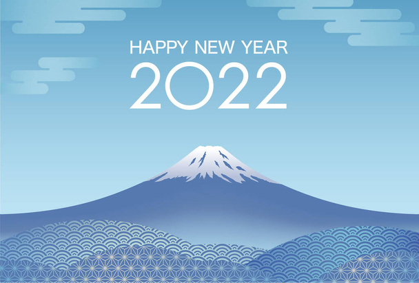 The Year 2022 New Years Card Vector Template With Blue Sky And Mt. Fuji Decorated With Vintage Japanese Pattern. - Vector, Image
