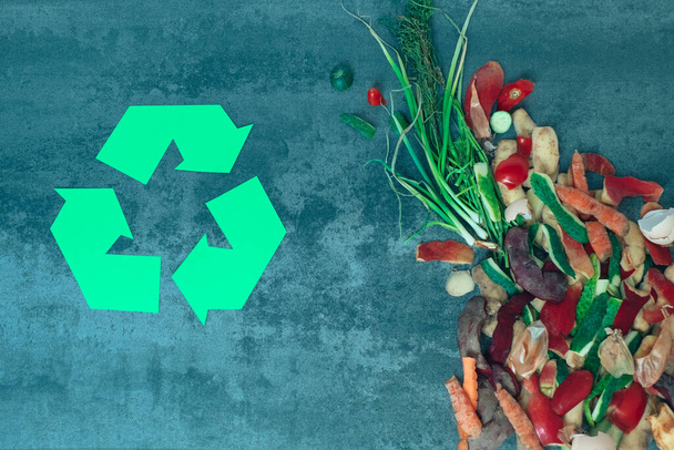 Recycling sign with organic waste. Garbage sorting. Environmentally responsible behavior, ecology concept. Flat lay, top view. High quality photo - Photo, Image
