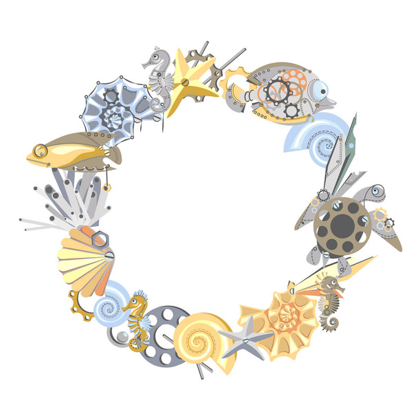 Abstract circle wreath of mechanical metal sea creatures. Sea horses, fish, turtle, starfish, shell, seaweed, gear wheels. Steampunk style. Cartoon design. Vector illustration. - Vektor, Bild