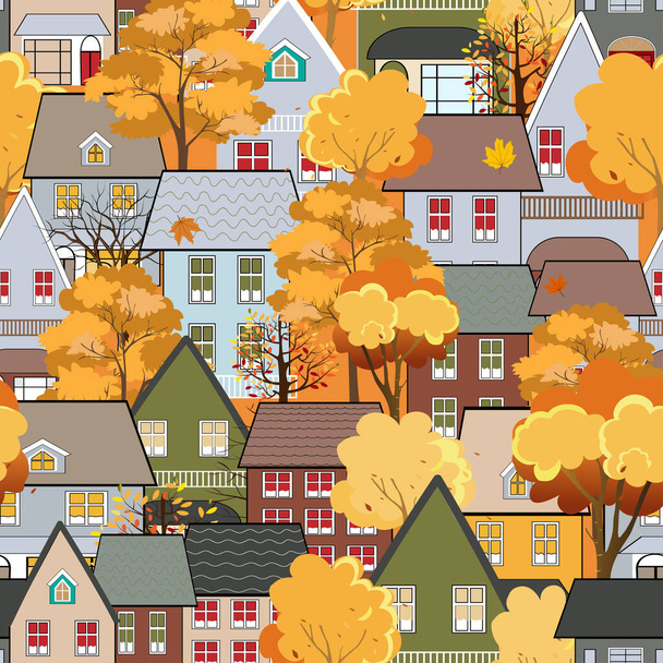 Peri masalı evleri, turuncu yapraklı ağaçlar ve sonbahar mevsiminde şirin çizgi film evleri olan kusursuz sonbahar şehir manzarası. Güz arkaplanı için tekrarlanan desen. - Vektör, Görsel
