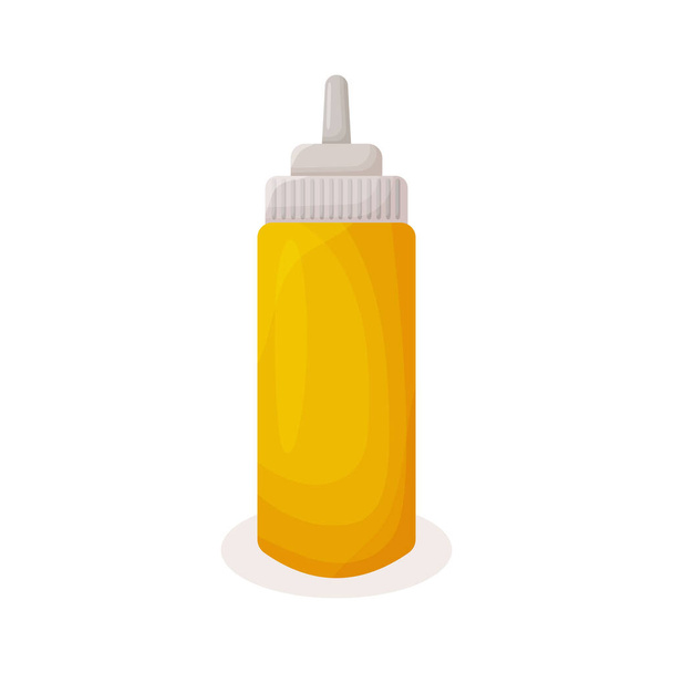Mustard sauce in a plastic bottle for fast food, vector cartoon illustration isolated on white background. - Διάνυσμα, εικόνα