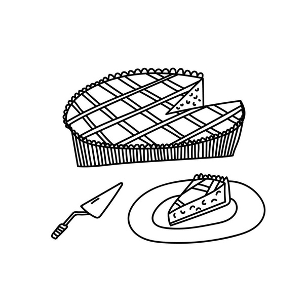 Handgezeichnete Vektorillustration von Kürbis oder anderem Kuchen. Den Kuchen mit einer Scheibe auf einem Teller aufschneiden. Bäckereikonzept. Abstrakter Cartoon-Stil isoliert auf weißem Hintergrund. - Vektor, Bild