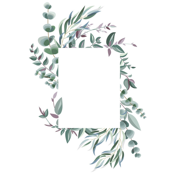 Rectangle frame with greenery leaves and branches. Nature background for the design of greeting cards, invitations, booklets and much more. Vector illustration. - ベクター画像