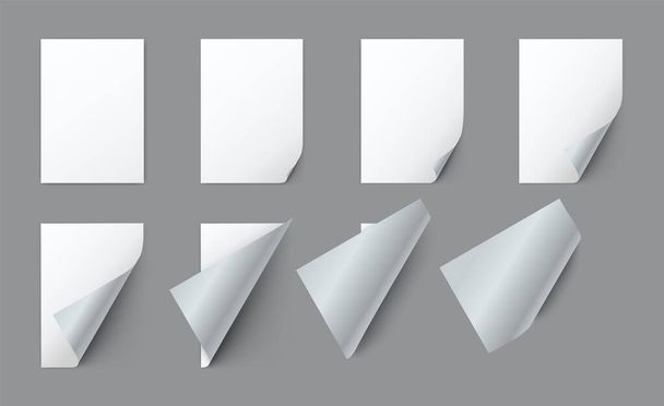 Üres, fehér papírlapok fodros sarokkal - Vektor, kép